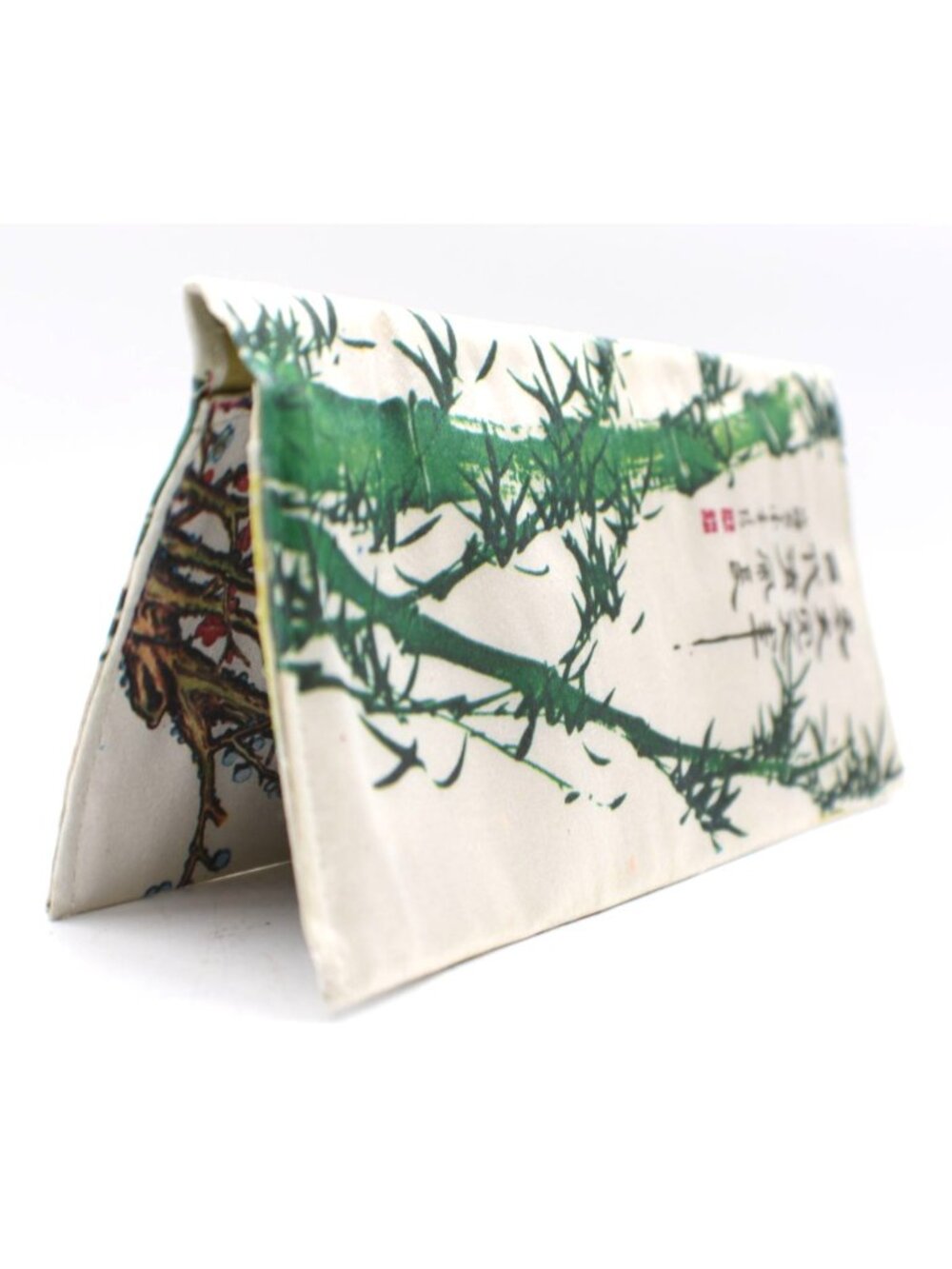 Satin Asian Calligraphy Zip Pockets Decorative Bifold Wallet Bird Tree Design